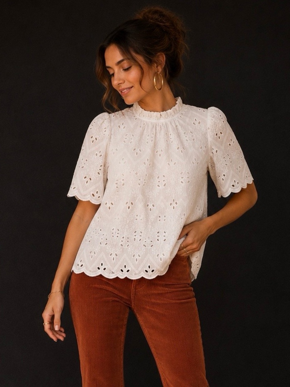 PRETTYGARDEN White Eyelet Lace Blouse Puff Sleeve Mock Neck Top Small